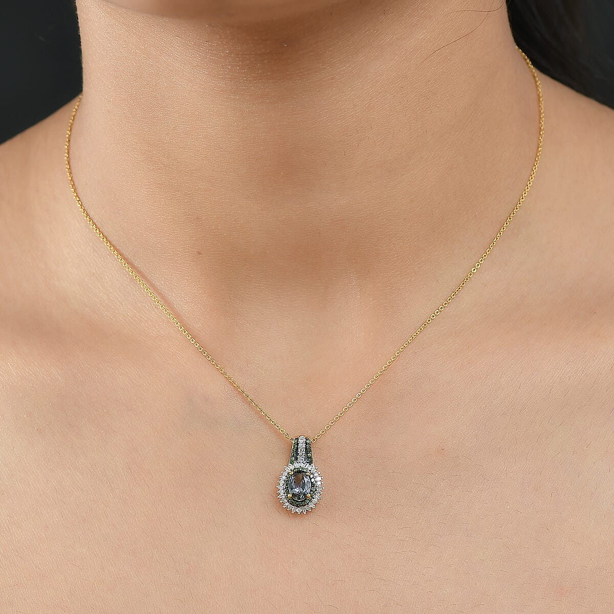 D'Joy Green Tanzanite, Green and White Diamond 1.25 ctw Radiant Sunburst Pendant Necklace 20 Inches in 18K Vermeil Yellow Gold Over Sterling Silver image number 2