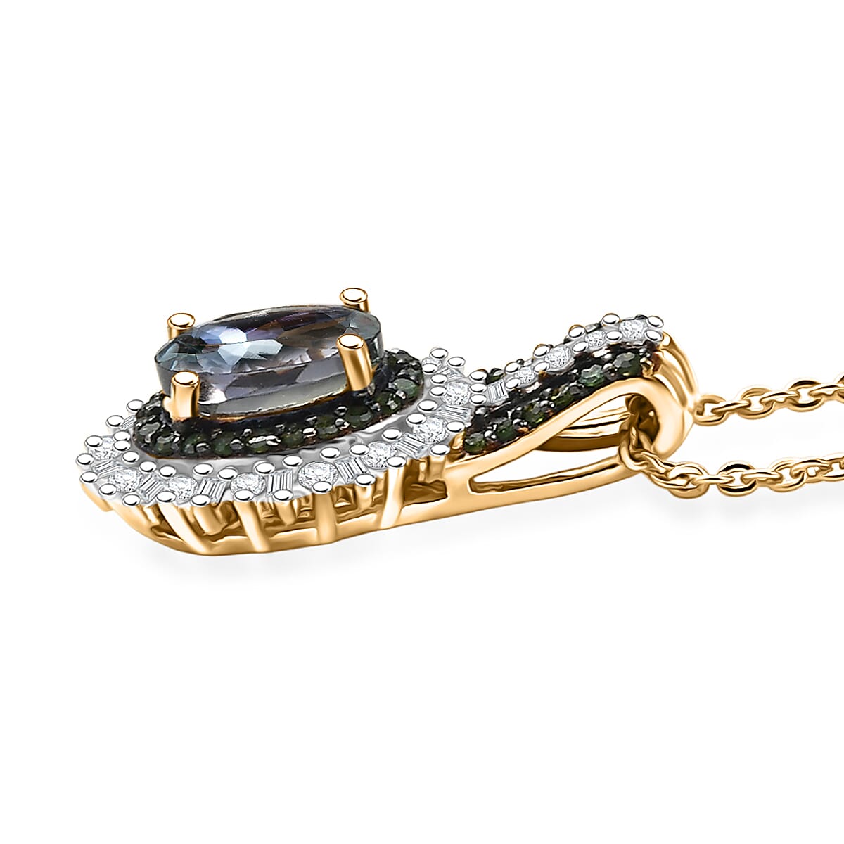 D'Joy Green Tanzanite, Green and White Diamond 1.25 ctw Radiant Sunburst Pendant Necklace 20 Inches in 18K Vermeil Yellow Gold Over Sterling Silver image number 3