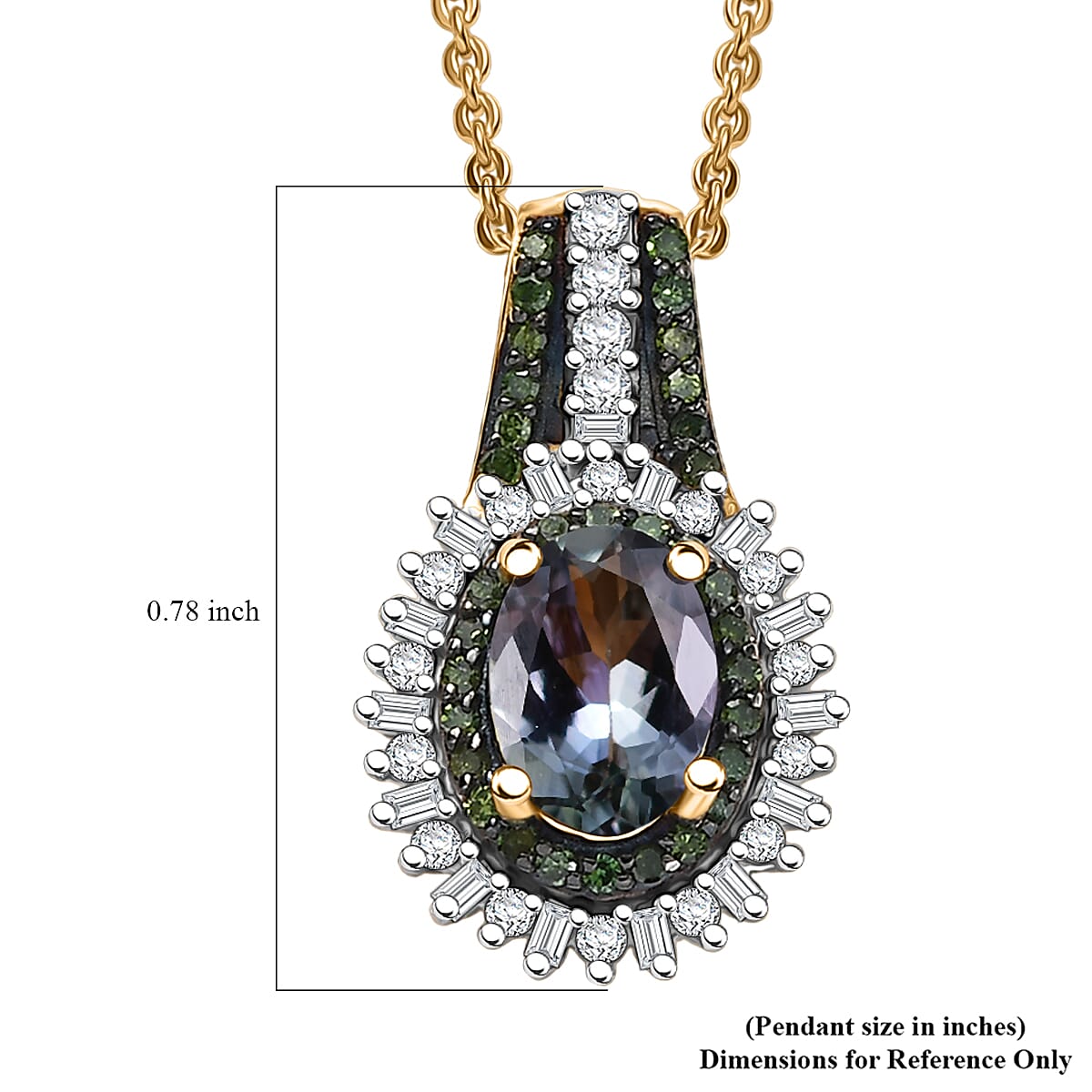 D'Joy Green Tanzanite, Green and White Diamond 1.25 ctw Radiant Sunburst Pendant Necklace 20 Inches in 18K Vermeil Yellow Gold Over Sterling Silver image number 6