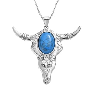 Blue Howlite 10.50 ctw Bull Head Pendant Necklace in Stainless Steel 20 Inches
