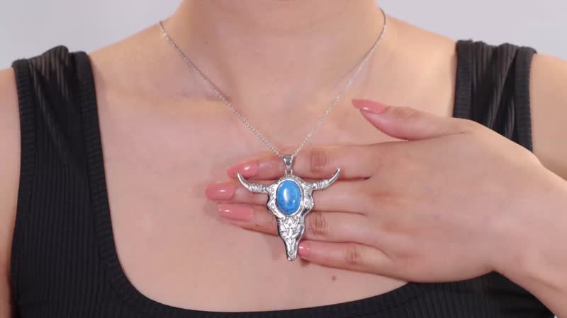 Blue Howlite 10.50 ctw Bull Head Pendant Necklace in Stainless Steel 20 Inches