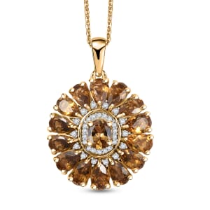 Premium Golden Turkizite and White Zircon 3.80 ctw Sunflower Pendant Necklace in Rhodium Over Sterling Silver 20 Inches