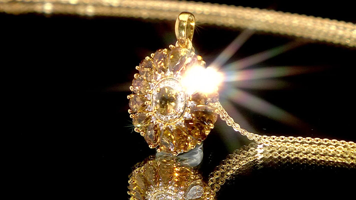 D'Joy Premium Golden Turkizite and White Zircon 3.80 ctw Sunflower Pendant Necklace in Rhodium Over Sterling Silver 20 Inches
