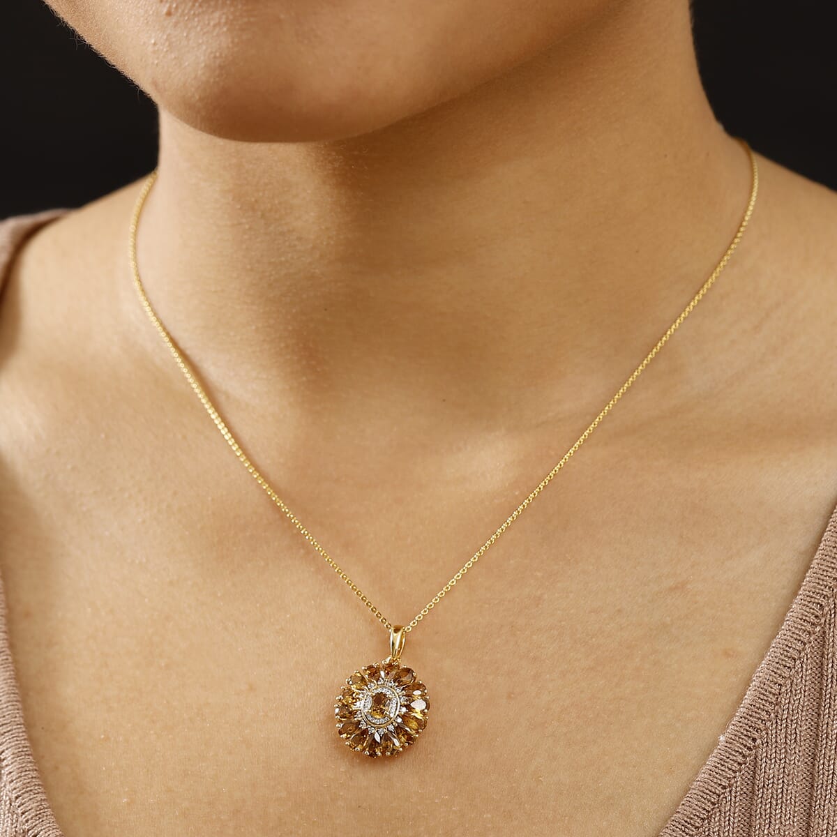 Premium Golden Turkizite and White Zircon 3.80 ctw Sunflower Pendant Necklace in Rhodium Over Sterling Silver 20 Inches image number 2