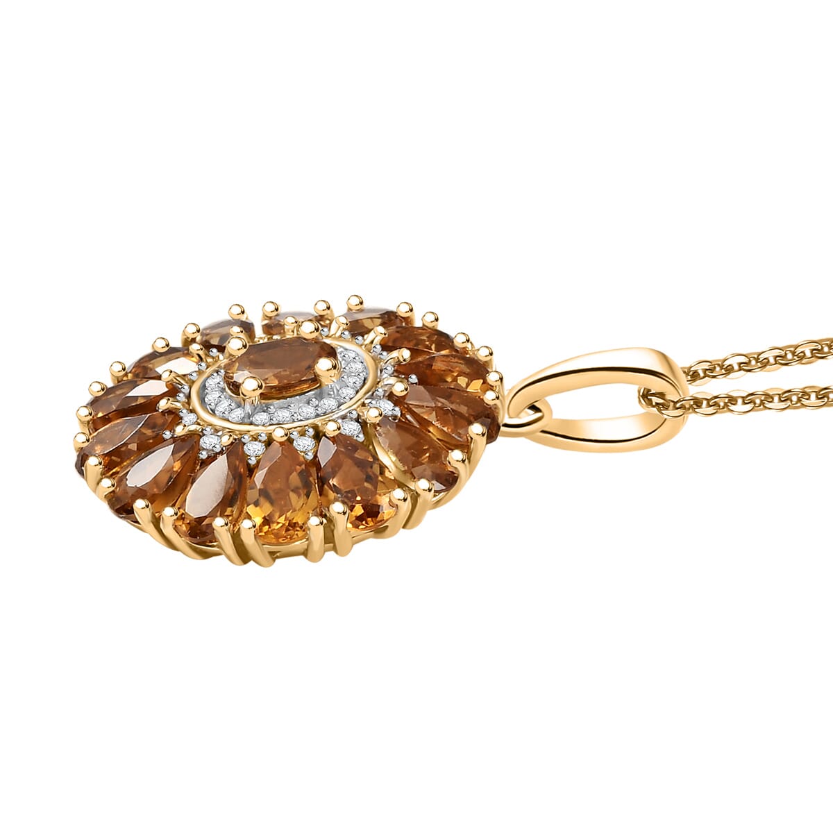Premium Golden Turkizite and White Zircon 3.80 ctw Sunflower Pendant Necklace in Rhodium Over Sterling Silver 20 Inches image number 3