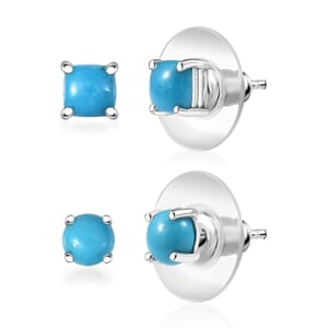 Set of 2 Premium Sleeping Beauty Turquoise 2.25 ctw Solitaire Stud Earrings in Rhodium Over Sterling Silver