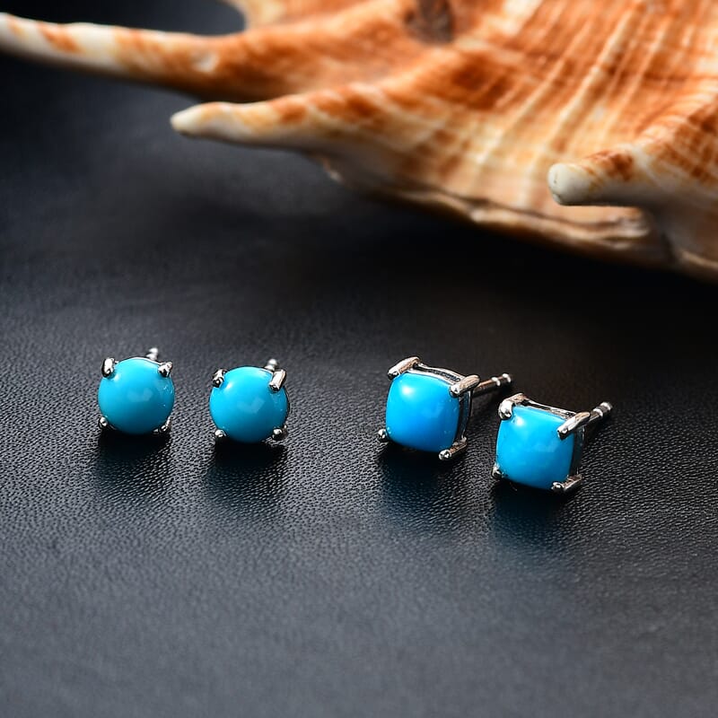 Set of 2 Premium Sleeping Beauty Turquoise 2.25 ctw Solitaire Stud Earrings in Rhodium Over Sterling Silver