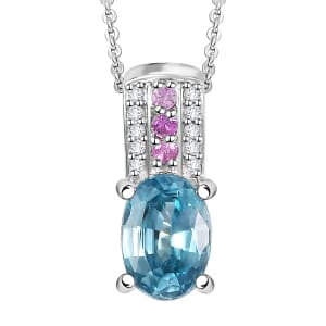 Cambodian Blue Zircon and Multi Gemstone 1.50 ctw Pendant Necklace in Rhodium Over Sterling Silver 20 Inches