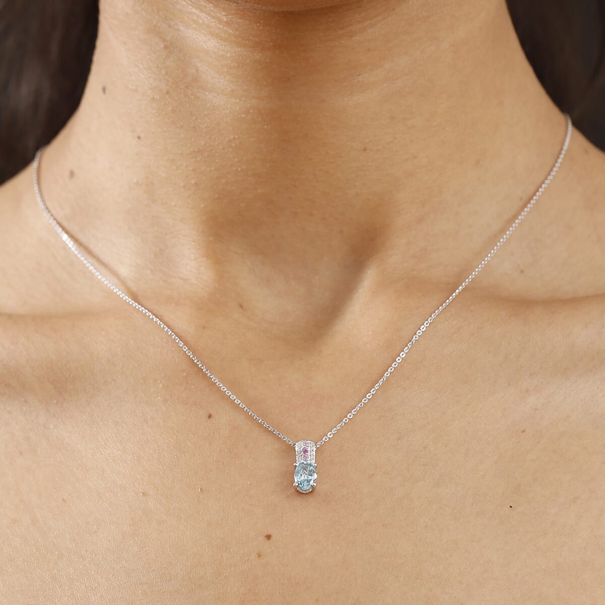 Cambodian Blue Zircon and Multi Gemstone 1.50 ctw Pendant Necklace in Rhodium Over Sterling Silver 20 Inches image number 2