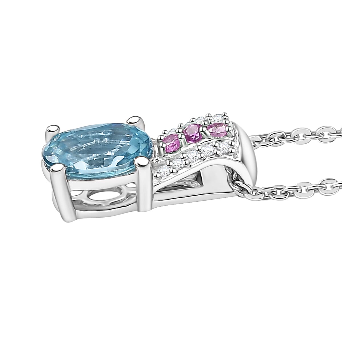 Cambodian Blue Zircon and Multi Gemstone 1.50 ctw Pendant Necklace in Rhodium Over Sterling Silver 20 Inches image number 3