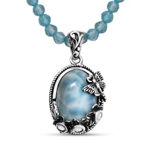 Artisan Crafted Premium Larimar and Multi Gemstone 34.70 ctw Pendant Necklace in Rhodium Over and Black Oxidized Sterling Silver 20 Inches