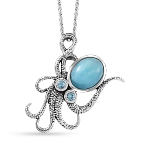 Artisan Crafted Larimar and Betroka Blue Apatite 2.35 ctw Octopus Pendant Necklace in Rhodium Over Sterling Silver 20 Inches