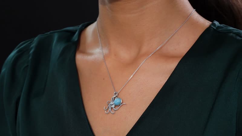 Artisan Crafted Larimar and Betroka Blue Apatite 2.35 ctw Octopus Pendant Necklace in Rhodium Over Sterling Silver 20 Inches