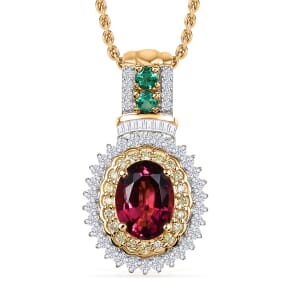 Luxoro Ouro Fino Rubellite, Colombian Emerald, Natural Yellow and White Diamond I2 1.85 ctw Pendant Necklace in 10K Yellow Gold 20 Inches