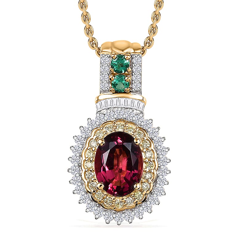 Luxoro Ouro Fino Rubellite, Colombian Emerald, Natural Yellow and White Diamond I2 1.85 ctw Pendant Necklace in 10K Yellow Gold 20 Inches
