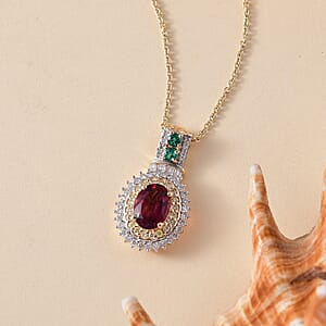 Luxoro Ouro Fino Rubellite, Colombian Emerald, Natural Yellow and White Diamond I2 1.85 ctw Pendant Necklace in 10K Yellow Gold 20 Inches