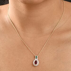 Luxoro Ouro Fino Rubellite, Colombian Emerald, Natural Yellow and White Diamond I2 1.85 ctw Pendant Necklace in 10K Yellow Gold 20 Inches