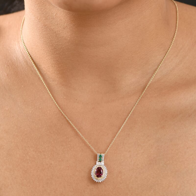 Luxoro Ouro Fino Rubellite, Colombian Emerald, Natural Yellow and White Diamond I2 1.85 ctw Pendant Necklace in 10K Yellow Gold 20 Inches
