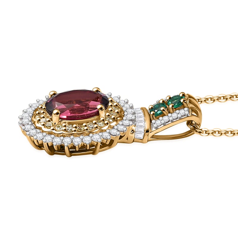 Luxoro Ouro Fino Rubellite, Colombian Emerald, Natural Yellow and White Diamond I2 1.85 ctw Pendant Necklace in 10K Yellow Gold 20 Inches