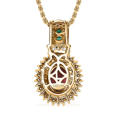 Luxoro Ouro Fino Rubellite, Colombian Emerald, Natural Yellow and White Diamond I2 1.85 ctw Pendant Necklace in 10K Yellow Gold 20 Inches
