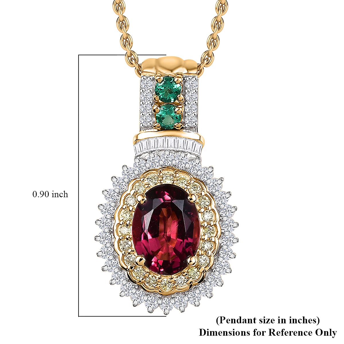 Luxoro Ouro Fino Rubellite, Colombian Emerald, Natural Yellow and White Diamond I2 1.85 ctw Pendant Necklace in 10K Yellow Gold 20 Inches