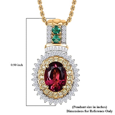 Luxoro Ouro Fino Rubellite, Colombian Emerald, Natural Yellow and White Diamond I2 1.85 ctw Pendant Necklace in 10K Yellow Gold 20 Inches