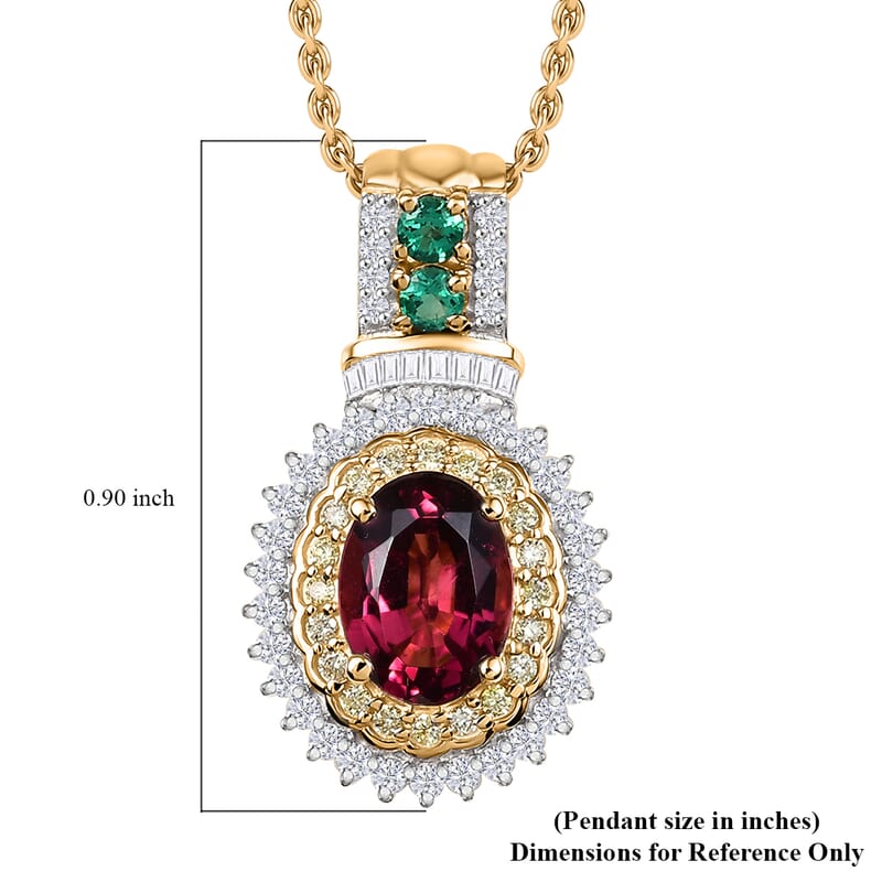 Luxoro Ouro Fino Rubellite, Colombian Emerald, Natural Yellow and White Diamond I2 1.85 ctw Pendant Necklace in 10K Yellow Gold 20 Inches