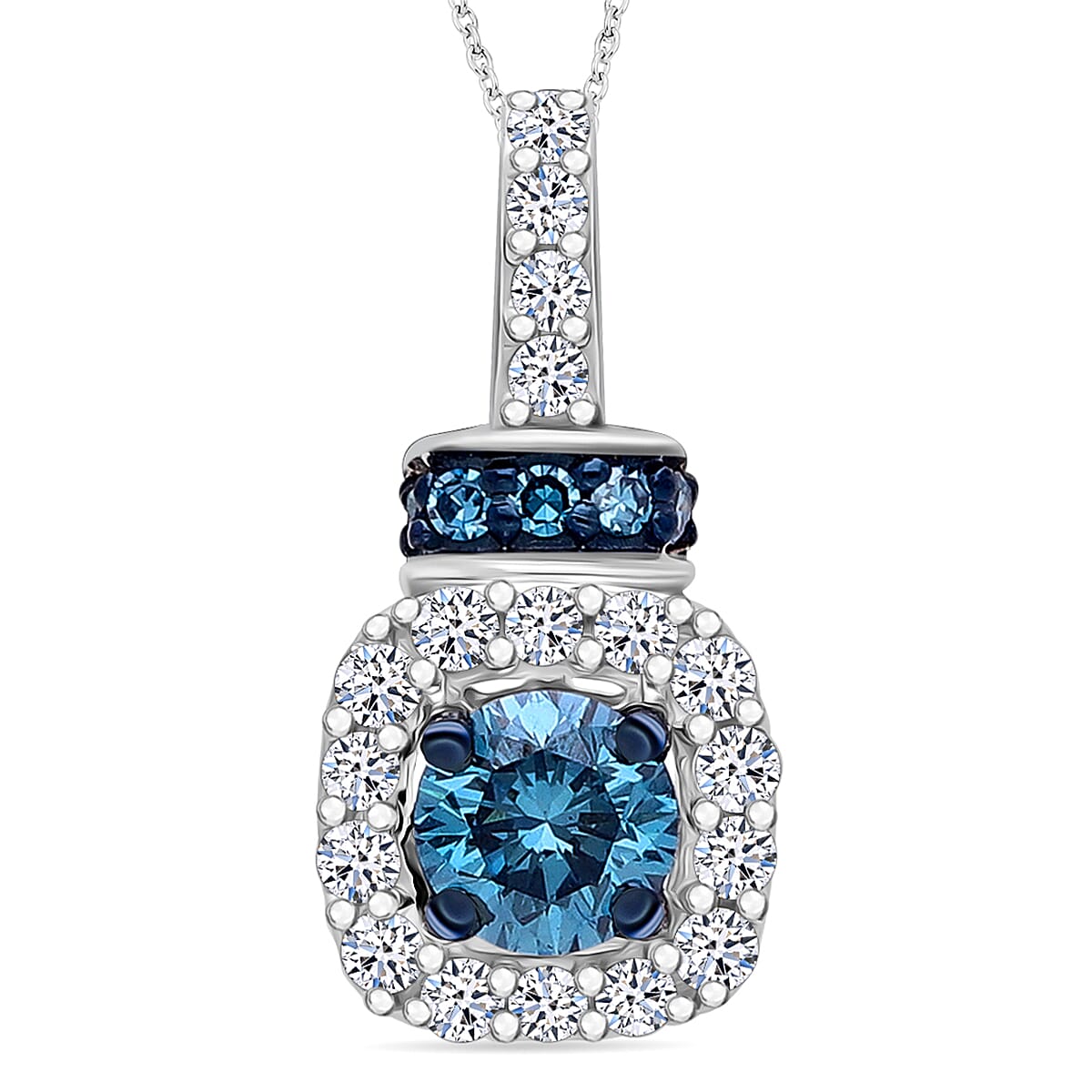 Luxuriant Lab Grown Blue and White Diamond SI 0.50 ctw Ocean Mirage Pendant Necklace in Rhodium Over Sterling Silver 20 Inches
