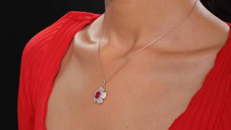 Luxuriant Premium Bixbite (LG) and White Zircon 2.10 ctw Leaf Clover Pendant Necklace in 18K Vermeil Rose Gold Sterling Silver 20 inches