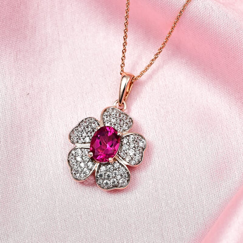 Luxuriant Premium Bixbite (LG) and White Zircon 2.10 ctw Leaf Clover Pendant Necklace in 18K Vermeil Rose Gold Sterling Silver 20 inches