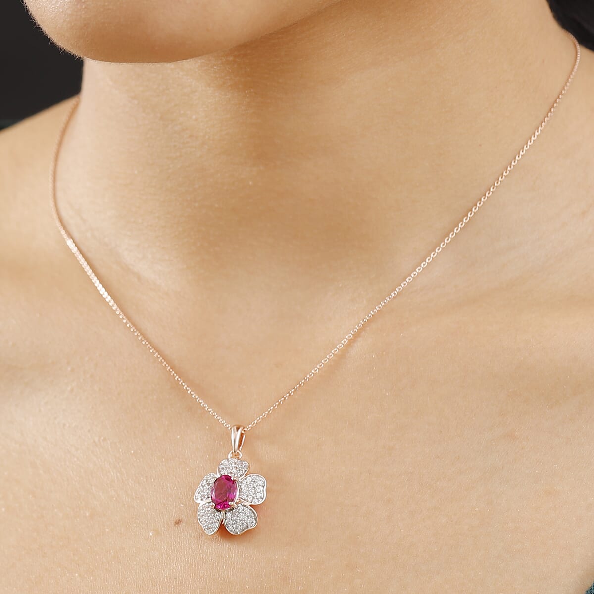 Luxuriant Premium Bixbite (LG) and White Zircon 2.10 ctw Leaf Clover Pendant Necklace in 18K Vermeil Rose Gold Sterling Silver 20 inches image number 2