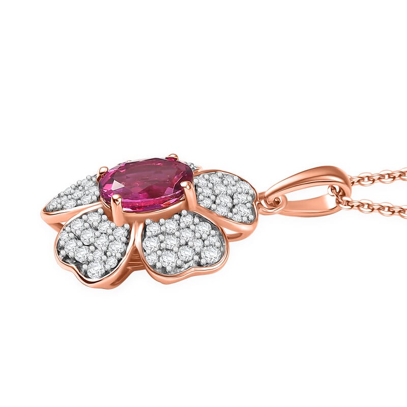Luxuriant Premium Bixbite (LG) and White Zircon 2.10 ctw Leaf Clover Pendant Necklace in 18K Vermeil Rose Gold Sterling Silver 20 inches