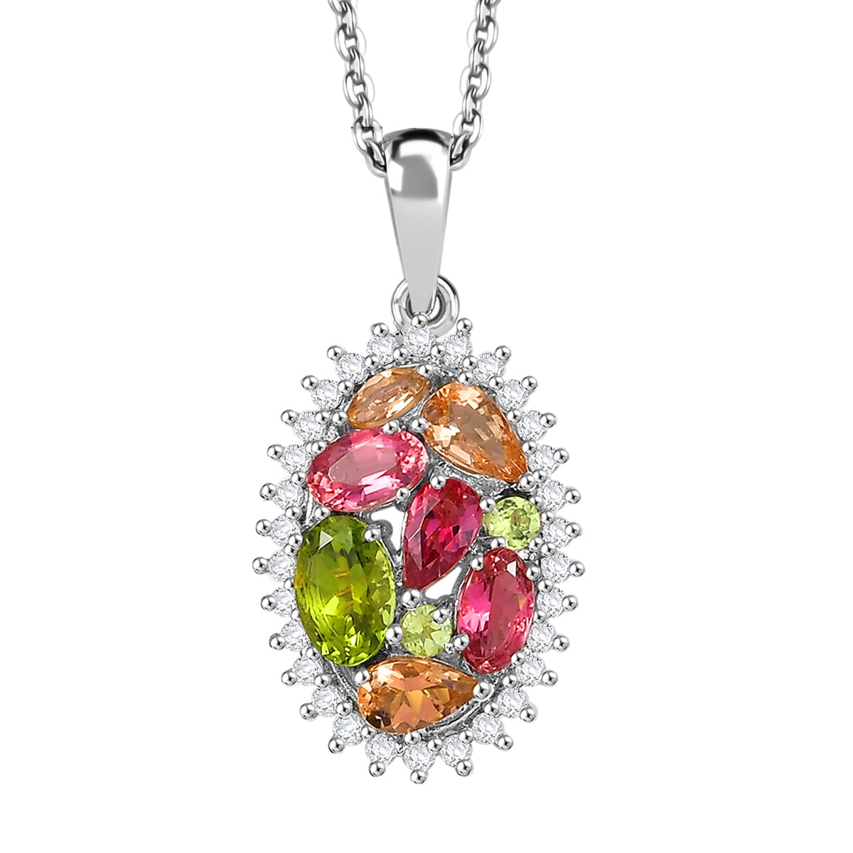 AAA Multi Color Tourmaline and White Zircon 2.00 ctw Autumn Bloom Pendant Necklace in Rhodium Over Sterling Silver 20 Inches image number 0