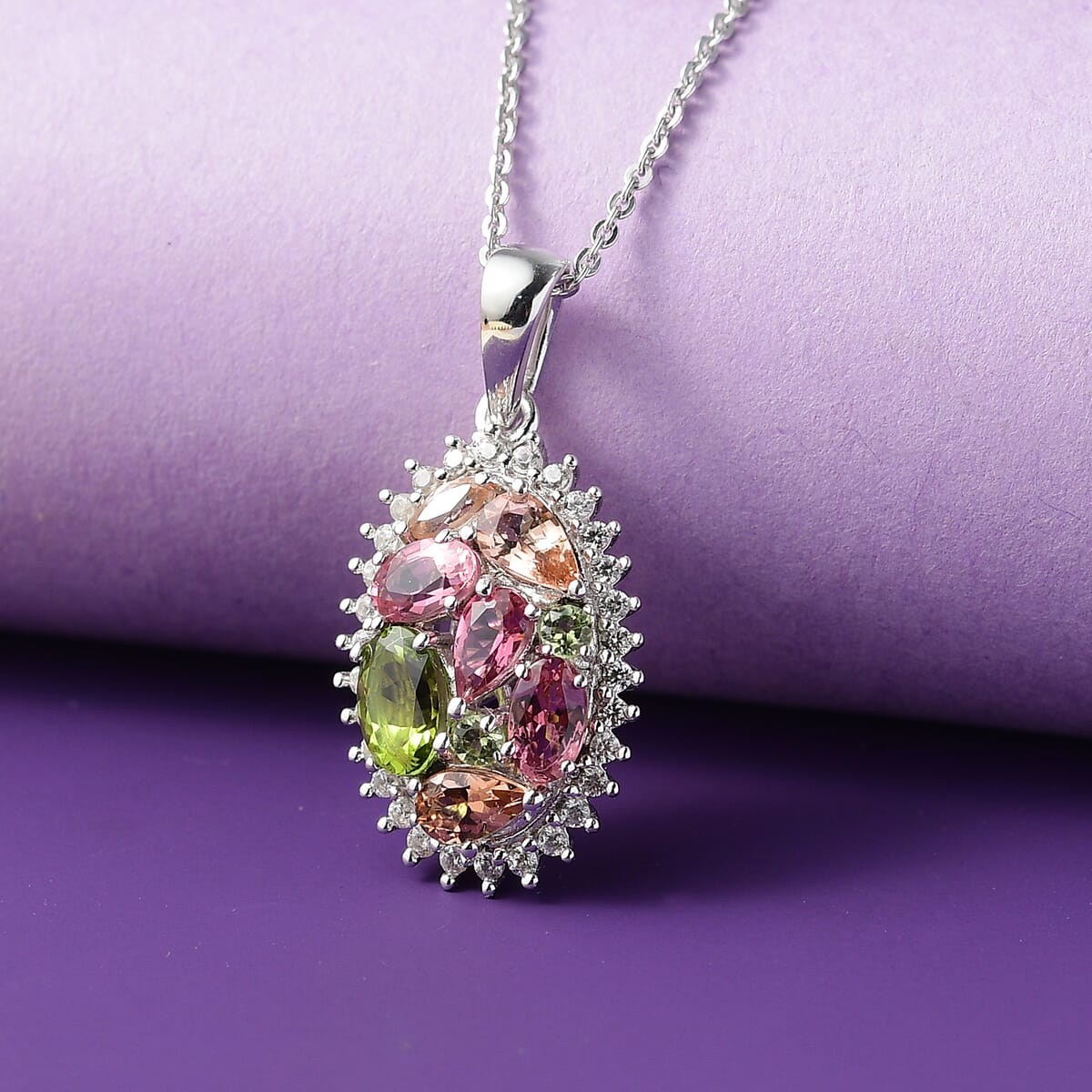 AAA Multi Color Tourmaline and White Zircon 2.00 ctw Autumn Bloom Pendant Necklace in Rhodium Over Sterling Silver 20 Inches image number 1