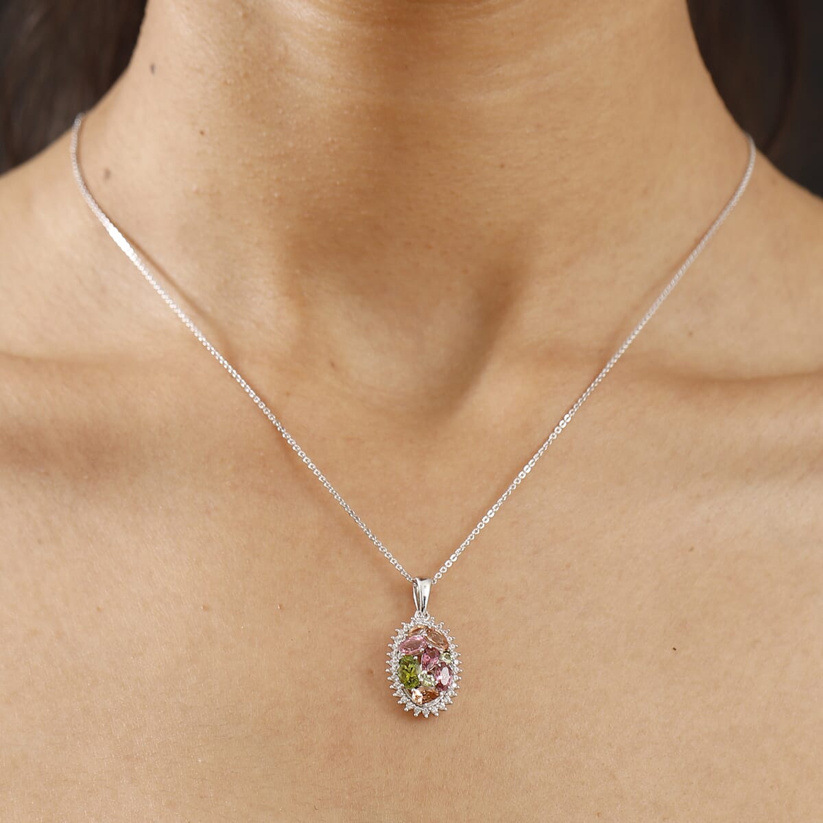 AAA Multi Color Tourmaline and White Zircon 2.00 ctw Autumn Bloom Pendant Necklace in Rhodium Over Sterling Silver 20 Inches image number 2