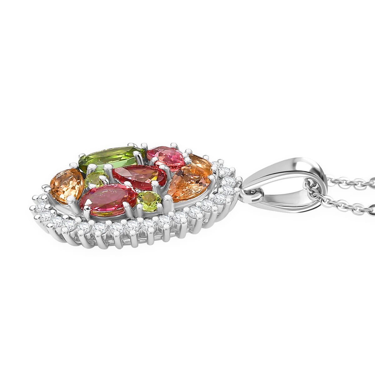 AAA Multi Color Tourmaline and White Zircon 2.00 ctw Autumn Bloom Pendant Necklace in Rhodium Over Sterling Silver 20 Inches image number 3
