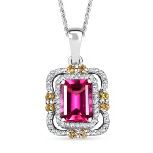 Luxuriant Bixbite (LG) and Multi Gemstone 1.90 ctw Twilight Blossom Pendant Necklace in Rhodium Over Sterling Silver 20 Inches