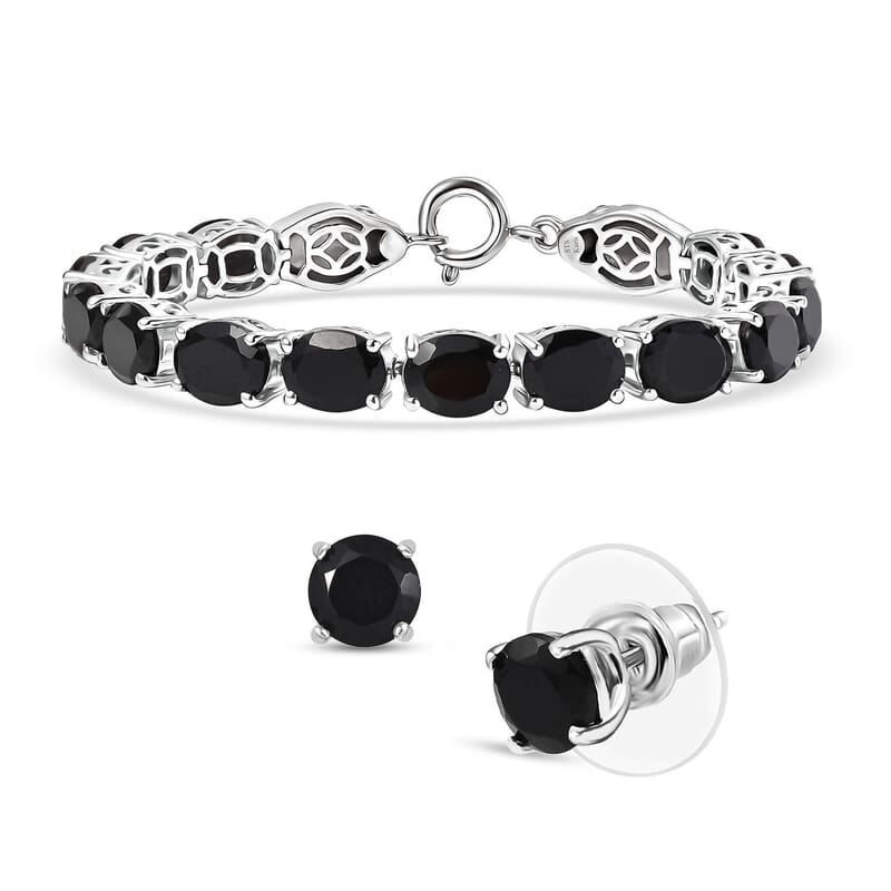 2 Piece Set - Karis Thai Black Spinel, Natural Champagne Zircon Linking Bracelet (6.50In) and Solitaire Stud Earrings in Platinum Bond 38.10 ctw