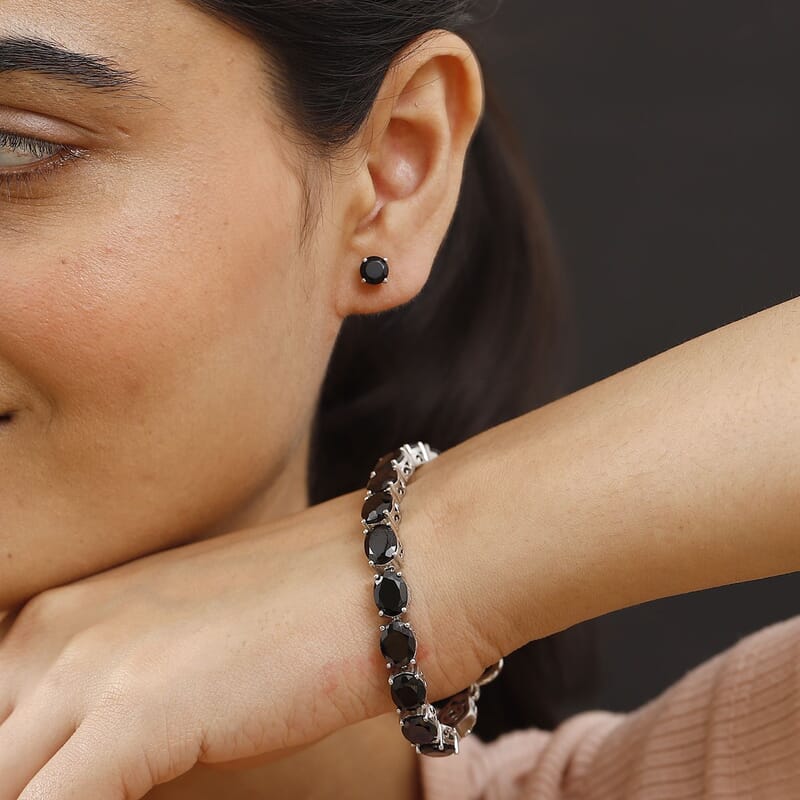 2 Piece Set - Karis Thai Black Spinel, Natural Champagne Zircon Linking Bracelet (6.50In) and Solitaire Stud Earrings in Platinum Bond 38.10 ctw