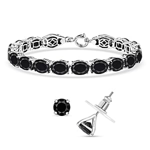 2Pc Set - Karis Thai Black Spinel and Champagne Zircon 40.20 ctw Linking Bracelet (7.25In) and Solitaire Stud Earrings in Platinum Bond