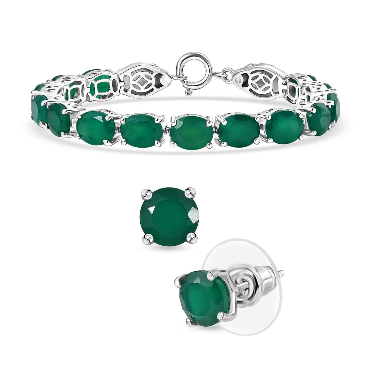 2 Piece Set - Karis Green Onyx, Natural Champagne Zircon Linking Bracelet (6.50In) and Solitaire Stud Earrings in Platinum Bond 38.30 ctw image number 0