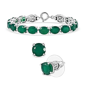 2 Piece Set - Karis Green Onyx, Natural Champagne Zircon Linking Bracelet (6.50In) and Solitaire Stud Earrings in Platinum Bond 38.30 ctw