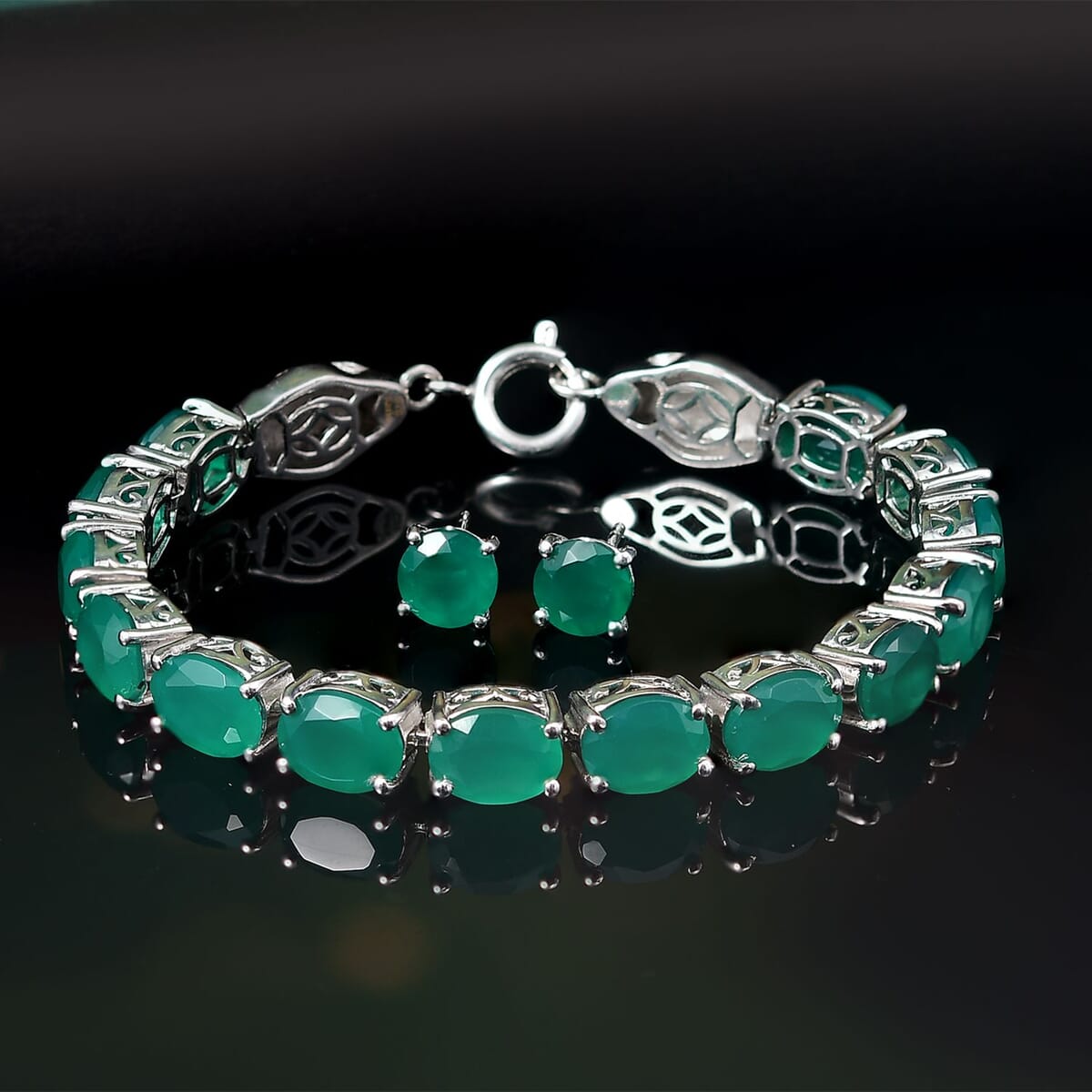 2 Piece Set - Karis Green Onyx, Natural Champagne Zircon Linking Bracelet (6.50In) and Solitaire Stud Earrings in Platinum Bond 38.30 ctw image number 1