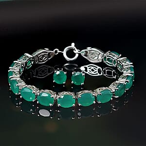 2 Piece Set - Karis Green Onyx, Natural Champagne Zircon Linking Bracelet (6.50In) and Solitaire Stud Earrings in Platinum Bond 38.30 ctw