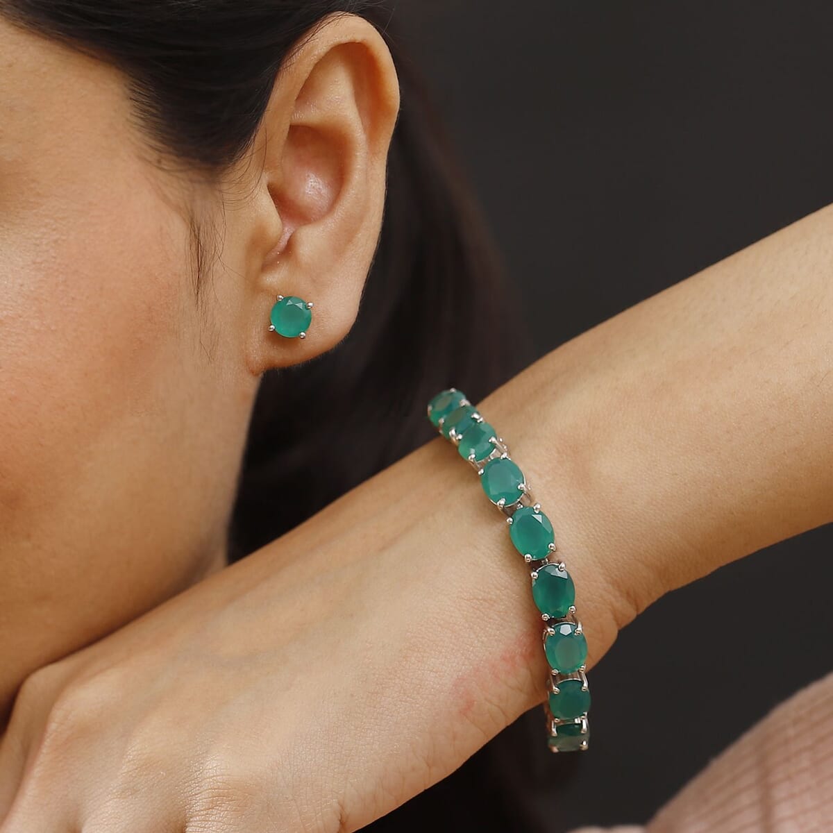 2 Piece Set - Karis Green Onyx, Natural Champagne Zircon Linking Bracelet (6.50In) and Solitaire Stud Earrings in Platinum Bond 38.30 ctw image number 2