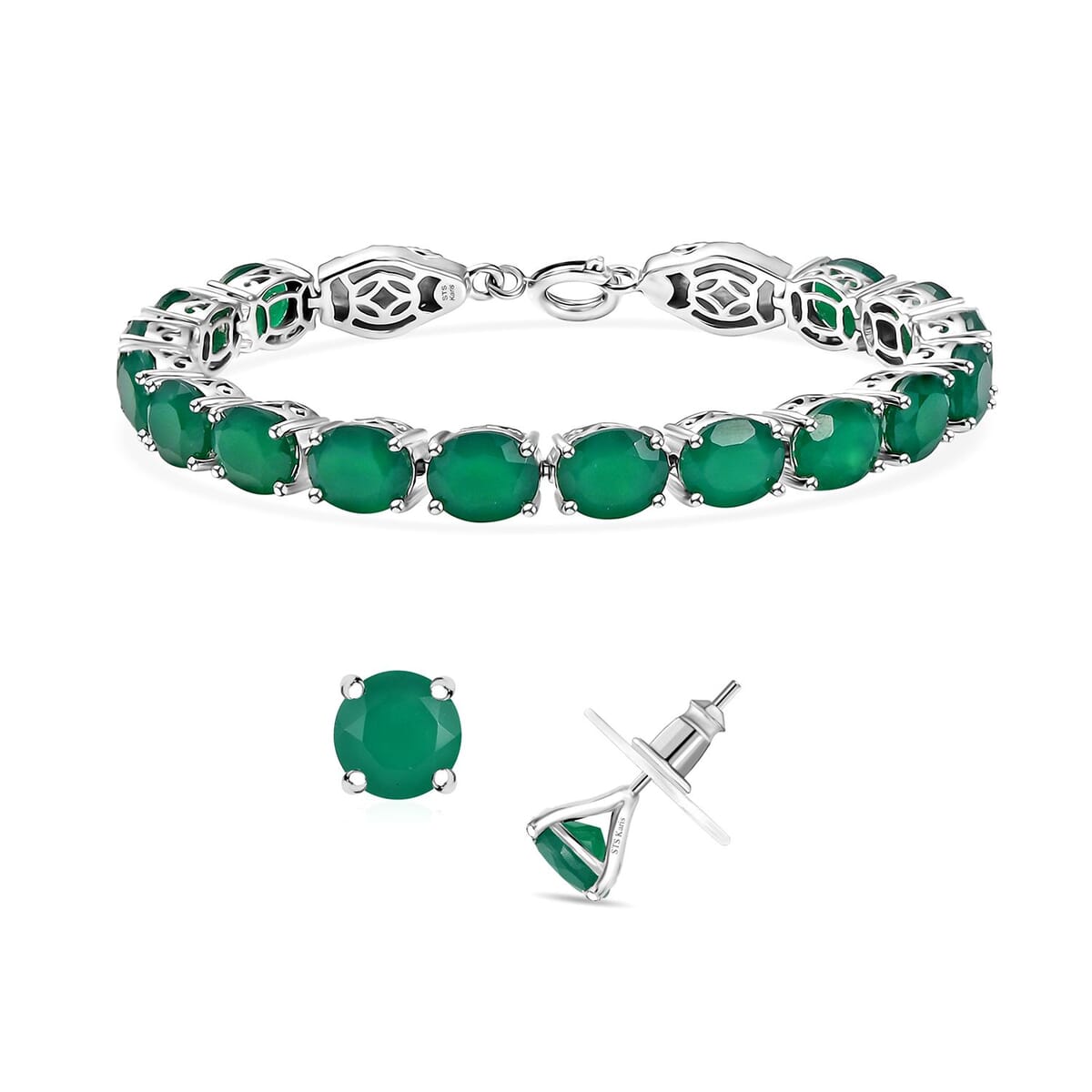 2 Piece Set - Karis Green Onyx, Natural Champagne Zircon 45.25 ctw Linking Bracelet (7.25In) and Solitaire Stud Earrings in Platinum Bond  image number 0