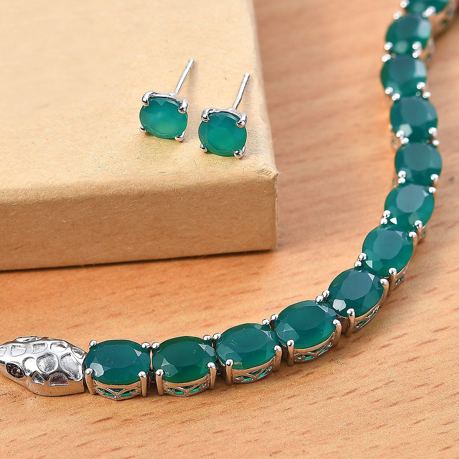 2 Piece Set - Karis Green Onyx, Natural Champagne Zircon 45.25 ctw Linking Bracelet (7.25In) and Solitaire Stud Earrings in Platinum Bond