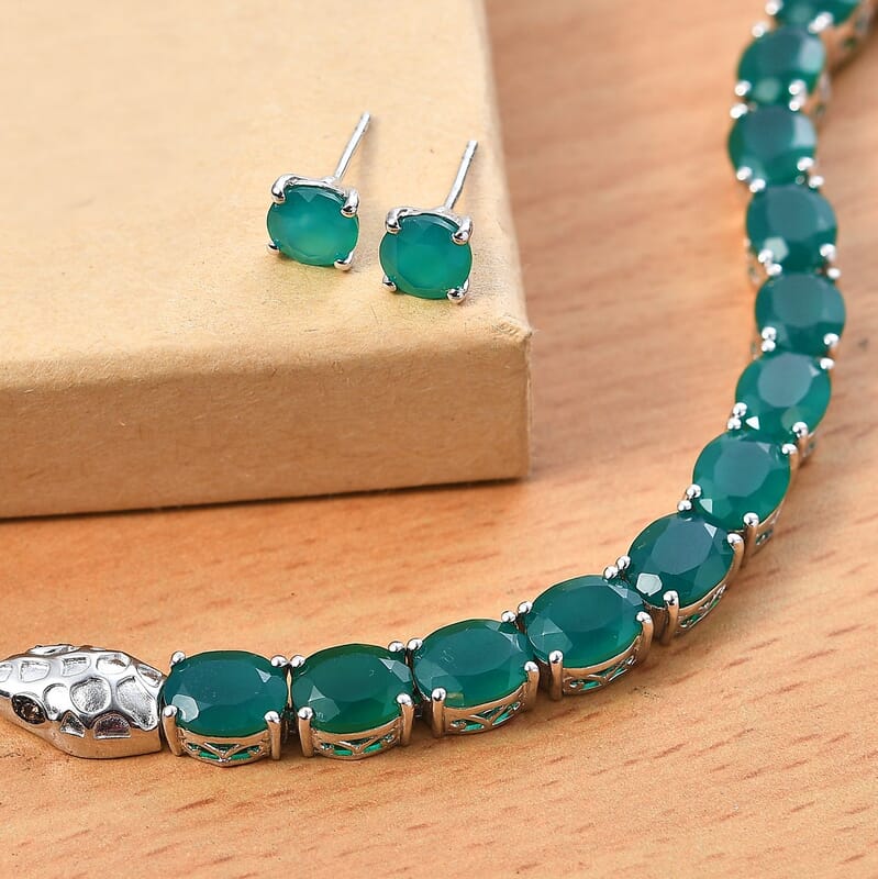 2 Piece Set - Karis Green Onyx, Natural Champagne Zircon 45.25 ctw Linking Bracelet (7.25In) and Solitaire Stud Earrings in Platinum Bond