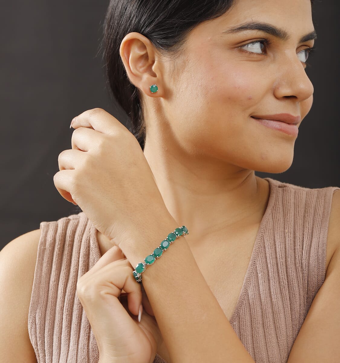 2 Piece Set - Karis Green Onyx, Natural Champagne Zircon 45.25 ctw Linking Bracelet (7.25In) and Solitaire Stud Earrings in Platinum Bond  image number 2
