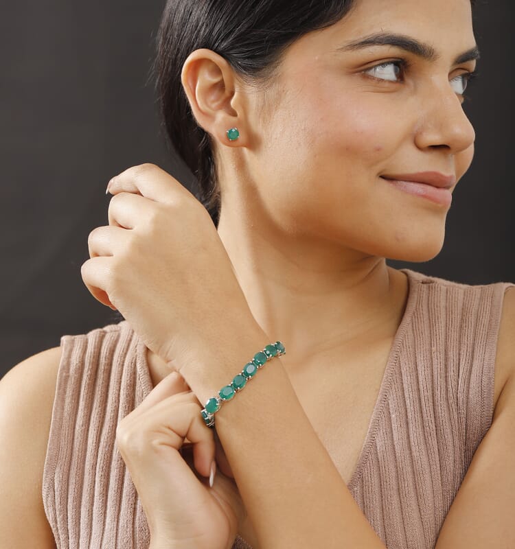2 Piece Set - Karis Green Onyx, Natural Champagne Zircon 45.25 ctw Linking Bracelet (7.25In) and Solitaire Stud Earrings in Platinum Bond